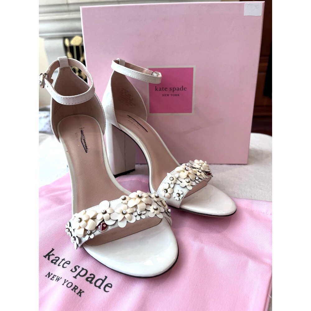Kate Spade NEW Paradisi Size 8.5 White Block Heels Pump Leather Sandals Optic